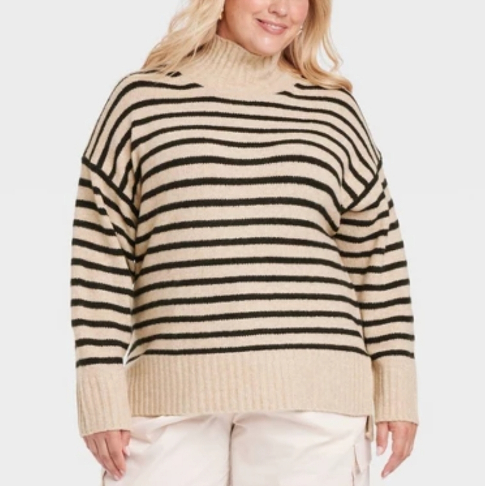 NWT A New Day Camel Black Stripe Cashmere Like Mock Neck Sweater Size 4X